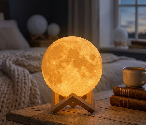 Lampe LUNA lune 3D 16 couleurs sur son socle en bois